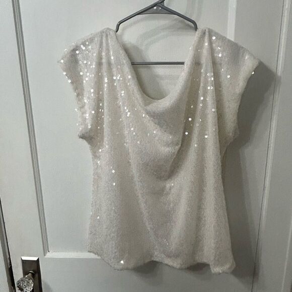 Express White Sequin Flutter Sleeve Blouse - Picture 3 of 3